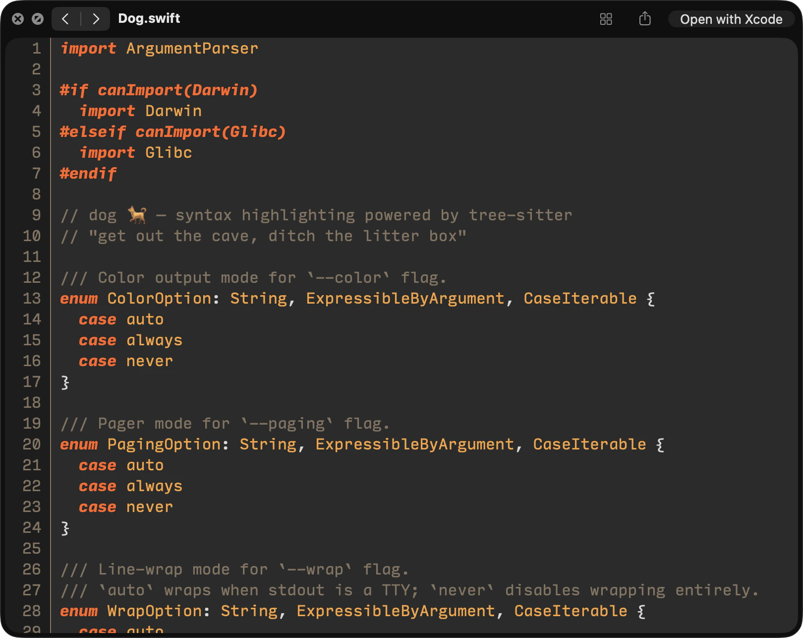The Quick Look panel previewing a Swift source file with syntax highlighting
