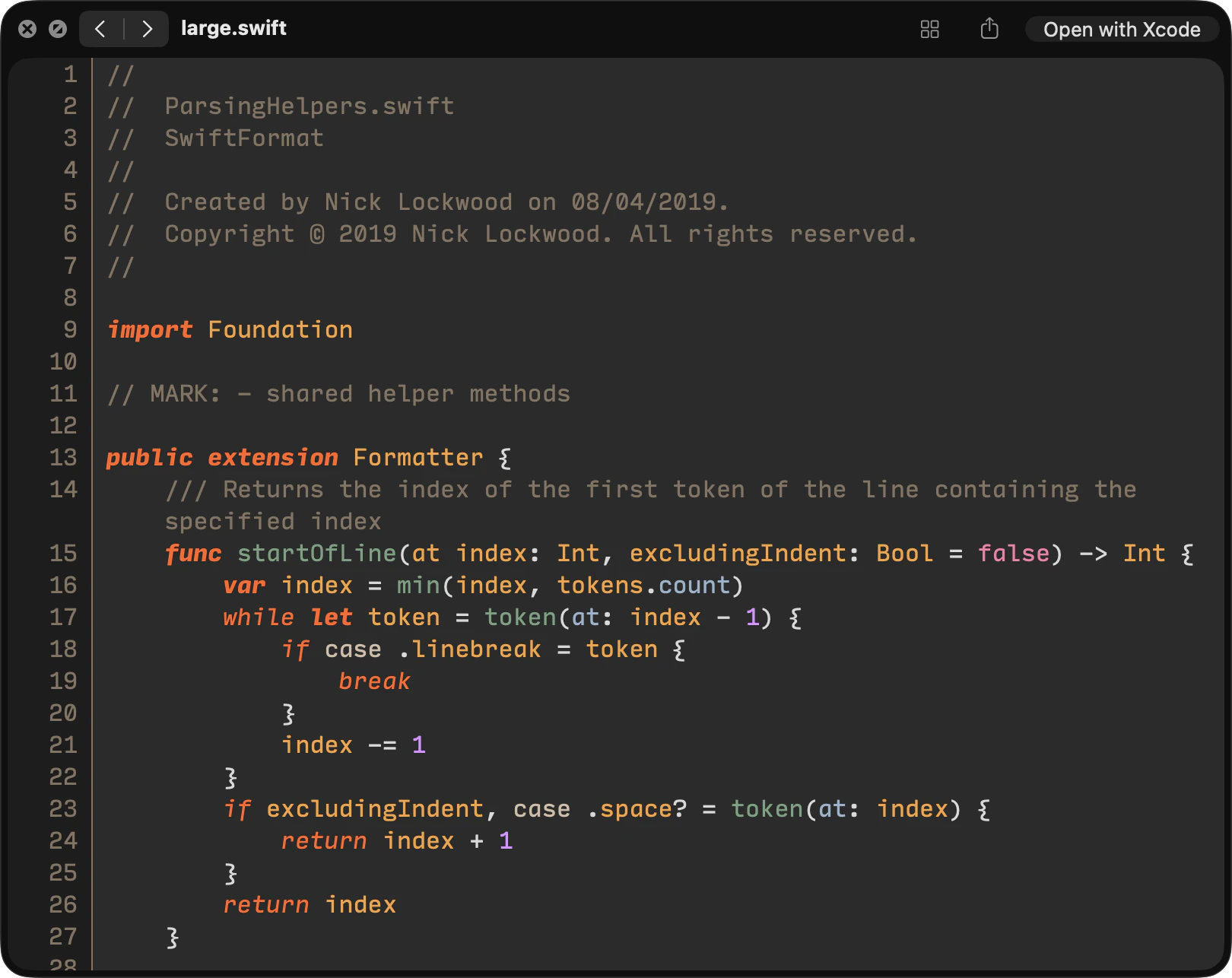 The macOS Quick Look panel previewing a Swift file with full syntax highlighting and line numbers