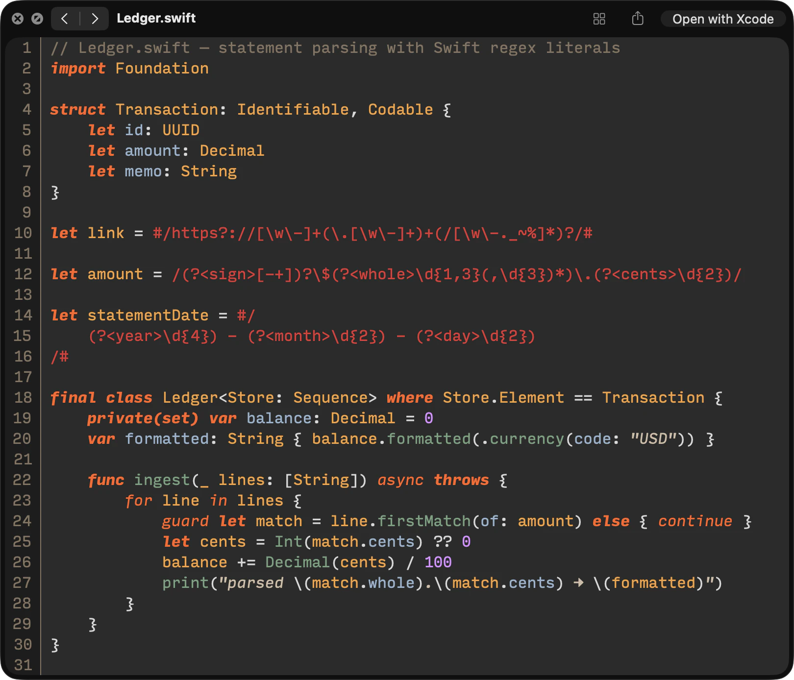 The Quick Look panel previewing Swift regex literals, correctly highlighted
