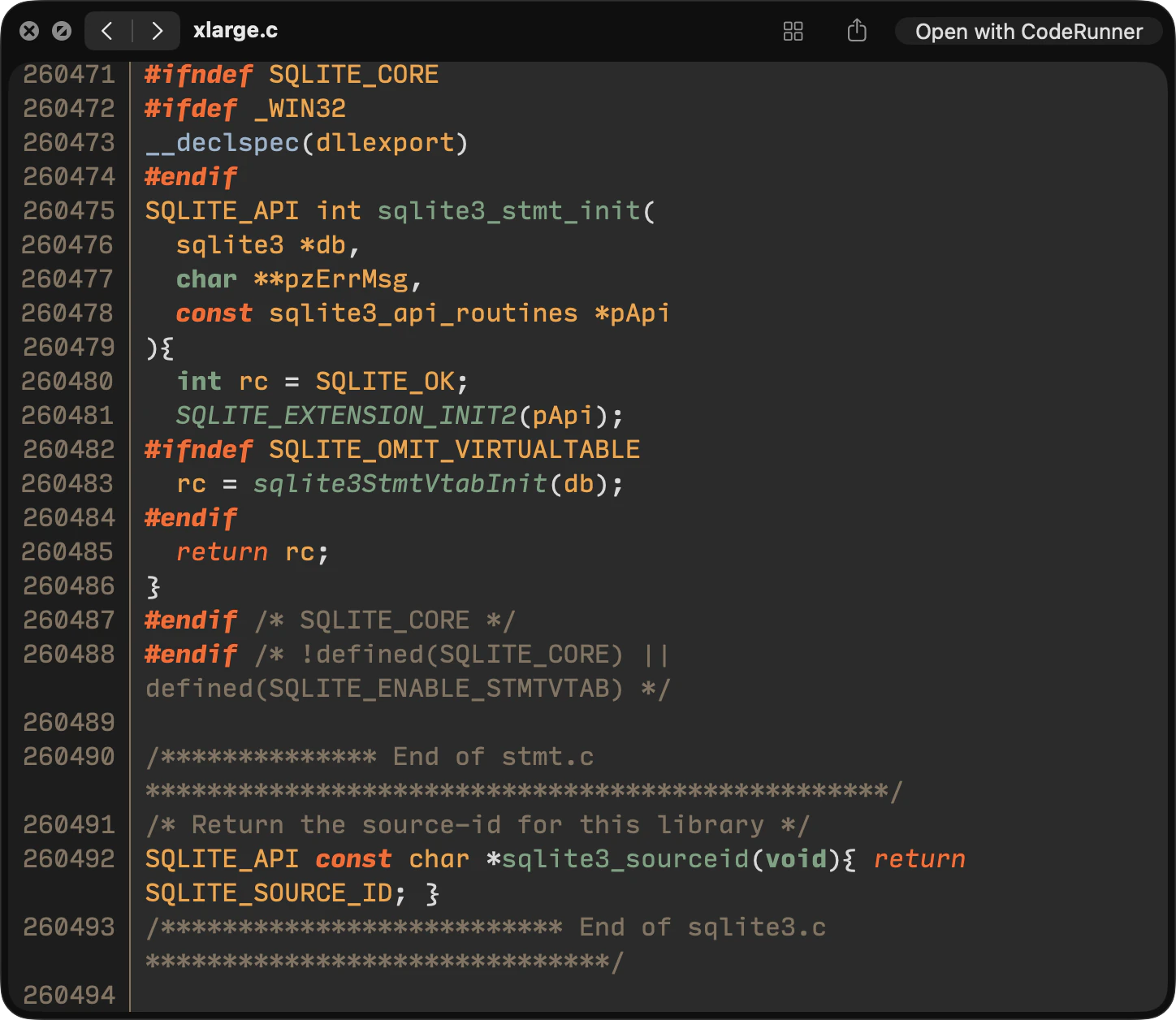 The Quick Look panel deep inside a 260,000-line C file, fully highlighted at line 260,494