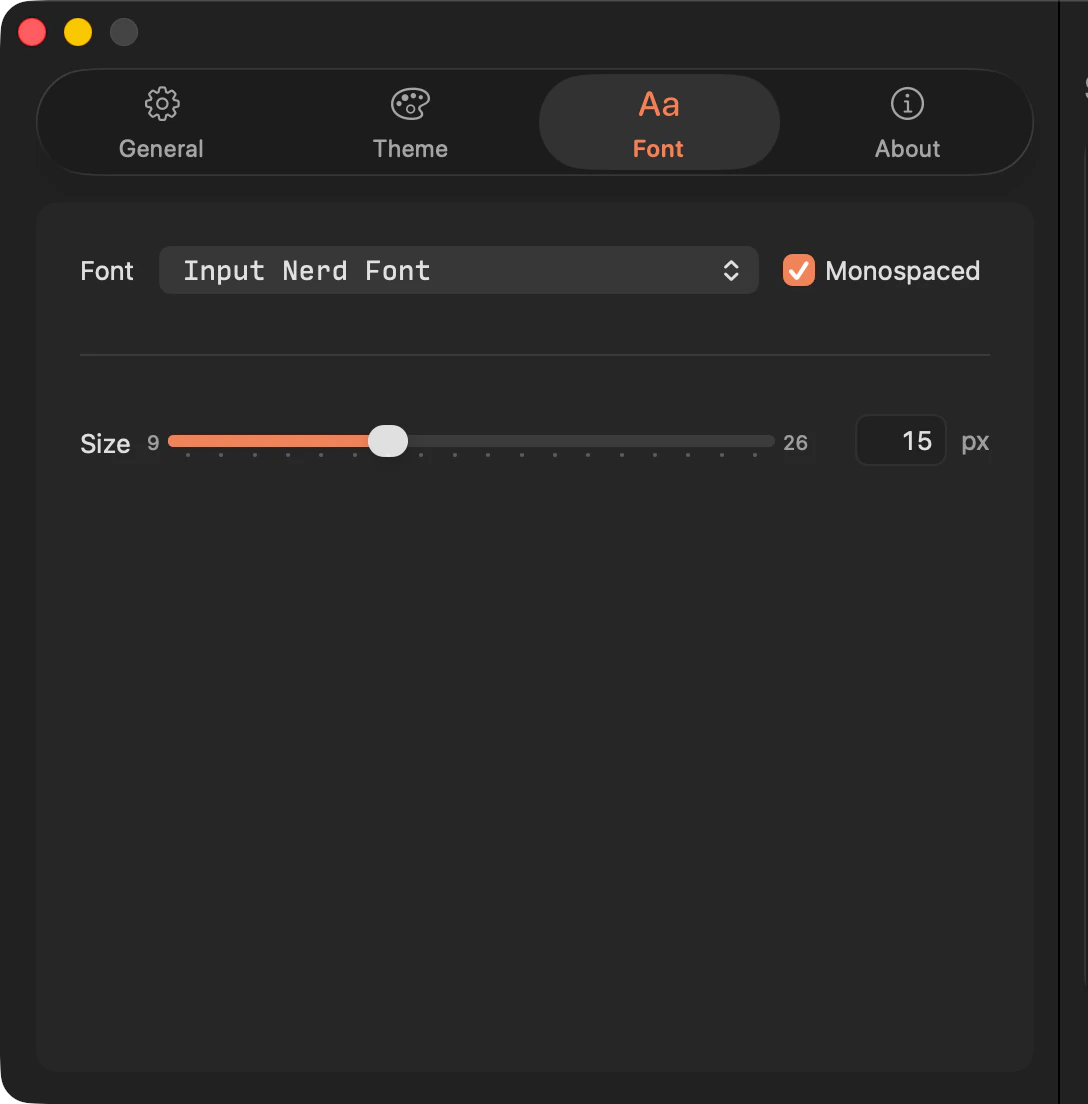 CodeLook's Font tab in dark mode with a font picker and size slider