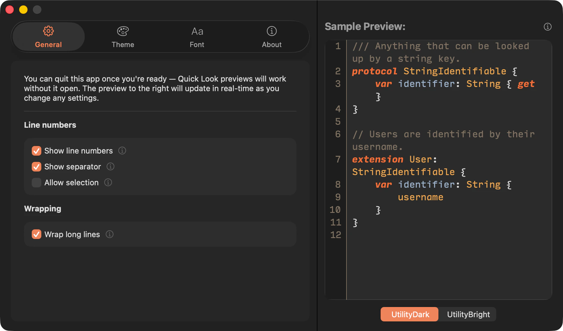 CodeLook's General settings in dark mode, showing line number and wrapping options