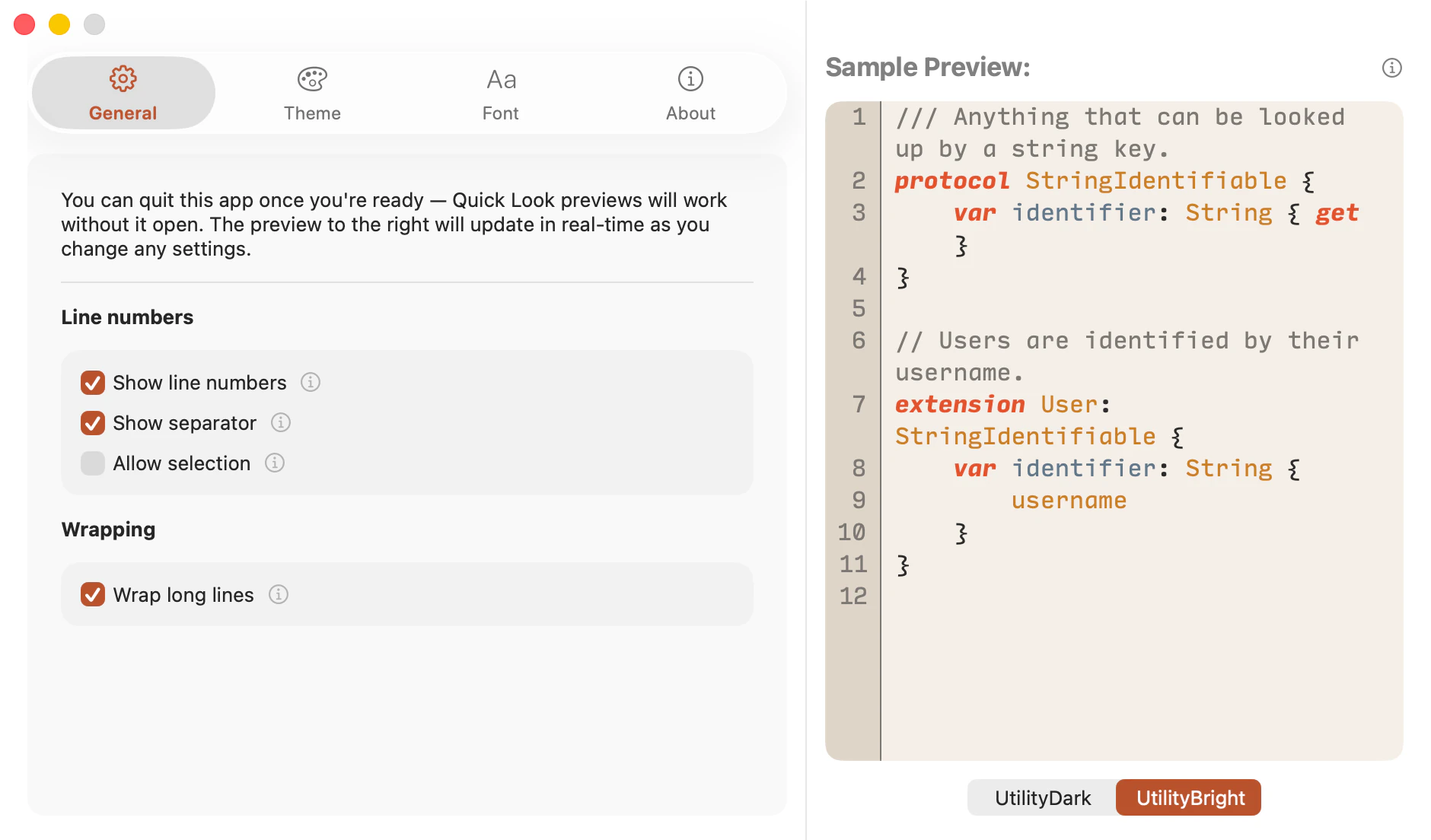 CodeLook's General settings in light mode, showing line number and wrapping options