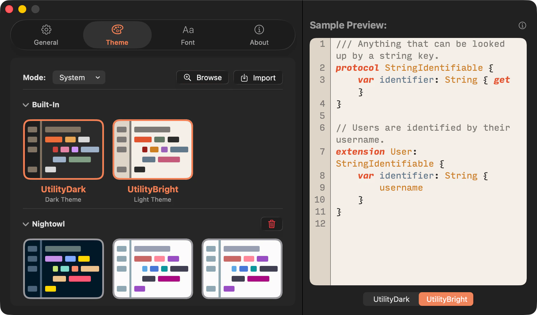 CodeLook's Theme settings in dark mode with system mode set and both light and dark theme selected